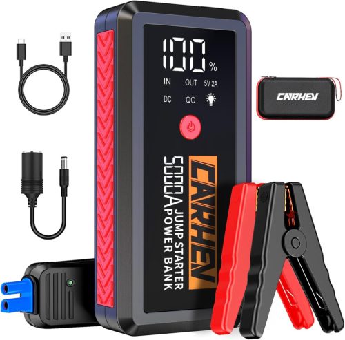 CARHEV 5000A Autós Indításrásegítő Powerbank, 12V Bikázó 8.0L Benzin/Dízel Motorokhoz, 26800mAh USB Gyorstöltő, LED Lámpa, IP65