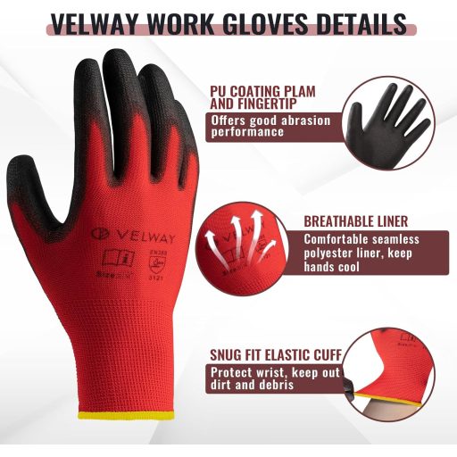 Velway 12 Perechi Mănuși de Protecție - Acoperire PU Antiderapantă, Ușoare și Respirabile