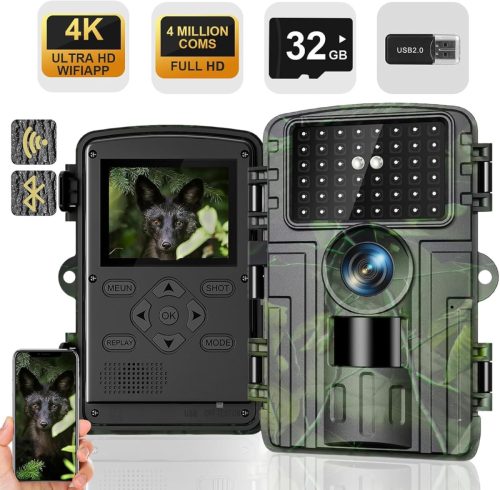 Lutranstra 4K Vadkamera 60MP WiFi Applikációval, Éjjellátó, 0.1mp Indítási Idő, Mozgásérzékelő, Vízálló IP66, 32GB Memóriakártyával, Bluetoo