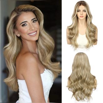   Sapphirewigs Blond Parochňa 13x4 Čipkovaná Predná Časť - Vlnitá, Melírovaná Syntetická Vlasová Vláknina, Predtvarovaná Línia Vlasov, 56 cm, Bez Lepidla