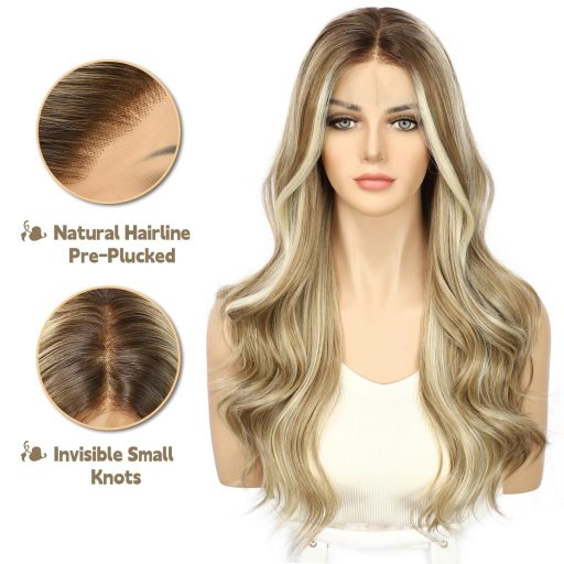 Sapphirewigs Blond Parochňa 13x4 Čipkovaná Predná Časť - Vlnitá, Melírovaná Syntetická Vlasová Vláknina, Predtvarovaná Línia Vlasov, 56 cm, Bez Lepidla