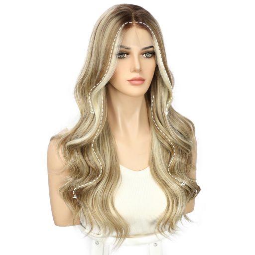 Sapphirewigs Szőke Paróka 13x4 Csipke Előlappal - Hullámos, Melírozott Műhaj, Előre Tépett, 56 cm, Ragasztómentes