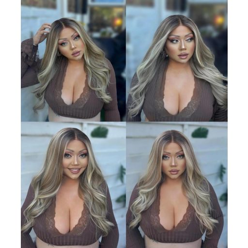 Sapphirewigs Blond Parochňa 13x4 Čipkovaná Predná Časť - Vlnitá, Melírovaná Syntetická Vlasová Vláknina, Predtvarovaná Línia Vlasov, 56 cm, Bez Lepidla