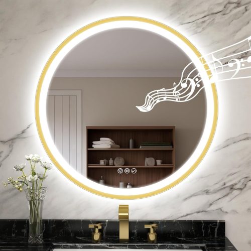 Oglindă rotundă de baie STARLEAD 60 cm cu iluminare LED, difuzoare Bluetooth, funcție anti-aburire, 3 temperaturi de culoare, IP44 Auriu