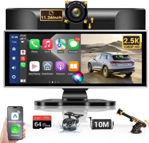 Jansite 11,26" CarPlay Autós Kijelző 2.5K Fedélzeti Kamerával - Bluetooth Tükrözés, Tolatókamera, Siri Támogatás, 64GB TF Kártya, Apple CarP