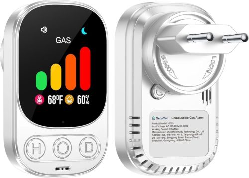Gedsffati Gázérzékelő Otthoni Használatra - Földgáz, LPG, Metán, Propán, Bután Detektor Nagy LCD Színes Kijelzővel, Fehér, Konnektoros
