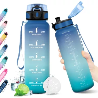   Sticlă de apă KollyKolla cu marcaj de timp, 500ml-1,5L, sticlă sport etanșă pentru copii și adulți - 1.000 ml, Albastru + Verde