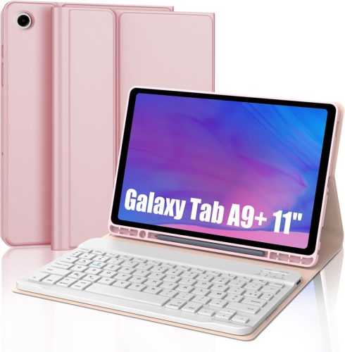 SENGBIRCH Bluetooth Billentyűzetes Tok Samsung Galaxy Tab A9+ 11" (2023) Tablethez - Levehető AZERTY Billentyűzet, Rózsaszín, Háttérvilágítá
