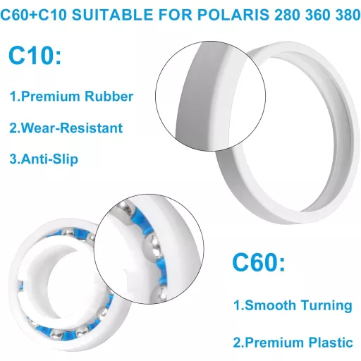 PEUTIER Set kotača i ležajeva za čišćenje bazena - 8 komada ležajeva C60 i 3 komada gumenih obruča C10 - Kompatibilno s modelima Polaris 180 280 360 380