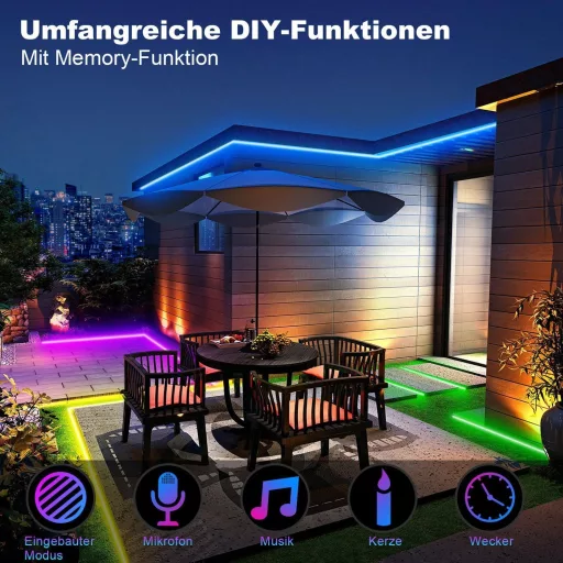 Bandă LED RGB TENDIST 40m de Exterior IP67 Impermeabilă, Compatibilă cu Alexa, Iluminare LED 24V pentru Balcon, Terasă, Sărbători, cu Telecomandă (2x20m)