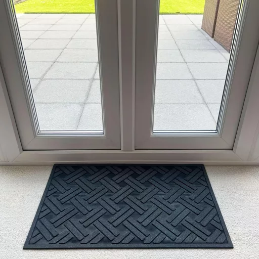 Covoraș de șters picioarele Ultralux din cauciuc 75x45cm - Covor antiderapant pentru exterior-interior, absorbant de murdărie, cu model negru-argintiu, impermeabil, rezistent, ușor de curățat