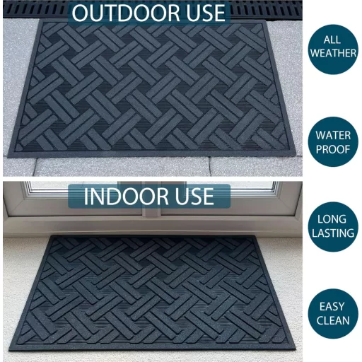 Covoraș de șters picioarele Ultralux din cauciuc 75x45cm - Covor antiderapant pentru exterior-interior, absorbant de murdărie, cu model negru-argintiu, impermeabil, rezistent, ușor de curățat