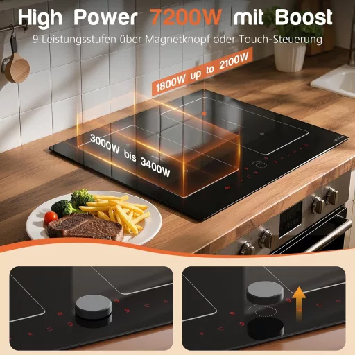 NOXTON 60 cm-es Indukciós Főzőlap 4 Égővel, Dupla Flex Zónák, Érintésvezérlés, Időzítő, Gyermekzár, 7200W