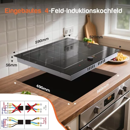 NOXTON 60 cm-es Indukciós Főzőlap 4 Égővel, Dupla Flex Zónák, Érintésvezérlés, Időzítő, Gyermekzár, 7200W