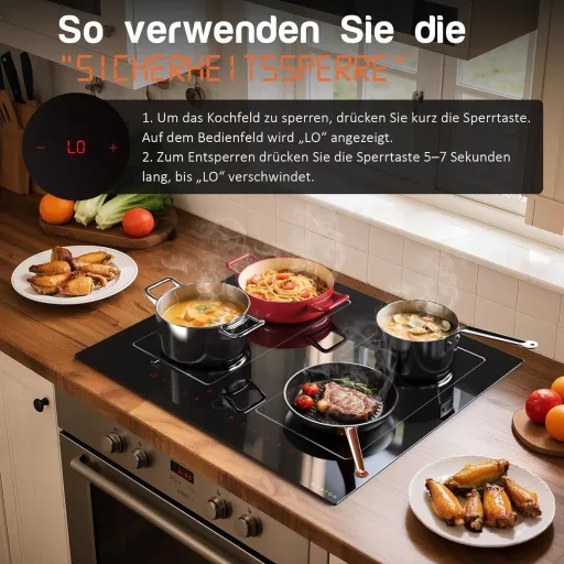 NOXTON 60 cm-es Indukciós Főzőlap 4 Égővel, Dupla Flex Zónák, Érintésvezérlés, Időzítő, Gyermekzár, 7200W