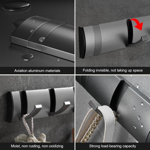 Juyibaao sklopiva zidna vješalica - s 3 sklopive kuke, aluminijska, mat crna, moderan dizajn koji štedi prostor, nosivost 13,6 kg, za kupaonicu
