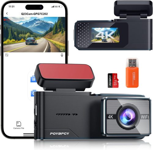 POYBPCY 4K UHD WiFi Autós Fedélzeti Kamera 64GB SD Kártyával, 170° Látószög, Éjjellátó, Mobilalkalmazás Vezérlés, G-szenzor, Parkolóőr Funkc