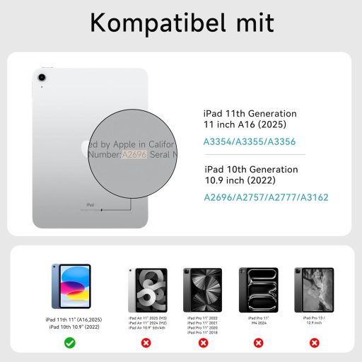 HOU Slim Bluetooth Billentyűzetes Tok iPad 11. Generációhoz (2025 A16) és 10. Generációhoz (2022) - Műbőr Dizájn, Ergonomikus, QWERTZ, Feket