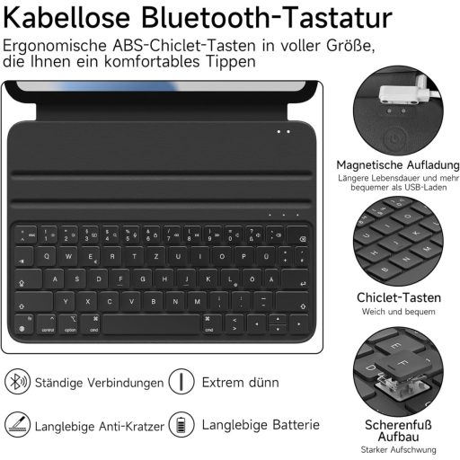 HOU Slim Bluetooth klávesnicový obal pre iPad 11. generácie (2025 A16) a 10. generácie (2022) - Dizajn z umelej kože, Ergonomický, QWERTZ, Čierny