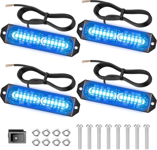 Dinfu 4x12 LED Kék Villogó Fény - 12V/24V Autó Stroboszkóp 21 Villogási Móddal - IP67 Vízálló Figyelmeztető Fénysáv Teherautókhoz, Traktorok