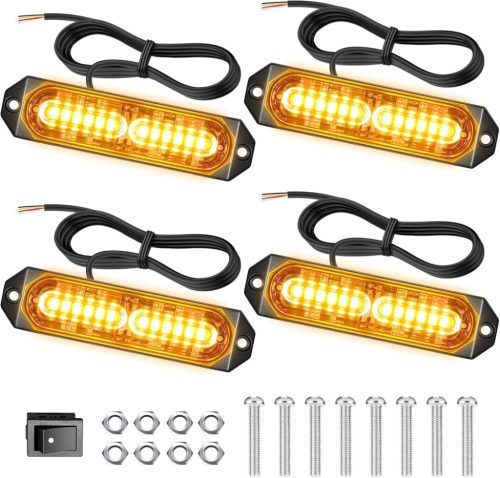 Dinfu 4x12 LED Figyelmeztető Villogó Lámpa - 12V/24V, 48W, Narancssárga, 21 Villogási Móddal, IP67 Vízálló, Autó, Teherautó, Traktor Kompati
