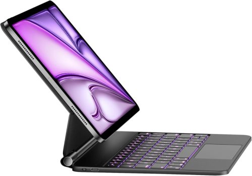 Husa cu tastatură HOU pentru iPad Air 11/Pro 11 - Iluminare fundal în 7 culori, Touchpad, QWERTZ, Bluetooth, Unghi reglabil, Design subțire, Negru