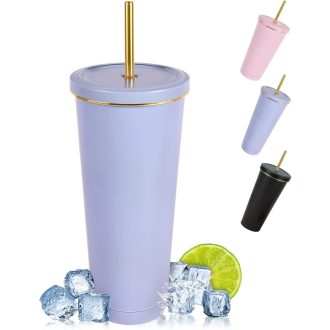   flintronic Hőszigetelt Termobögre 750ml - Dupla Falú Rozsdamentes Acél Kulacs Szívószállal, Szivárgásmentes Ivópohár Kávéhoz, Teához, Hideg-