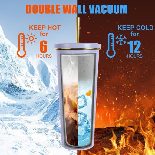 flintronic Hőszigetelt Termobögre 750ml - Dupla Falú Rozsdamentes Acél Kulacs Szívószállal, Szivárgásmentes Ivópohár Kávéhoz, Teához, Hideg-