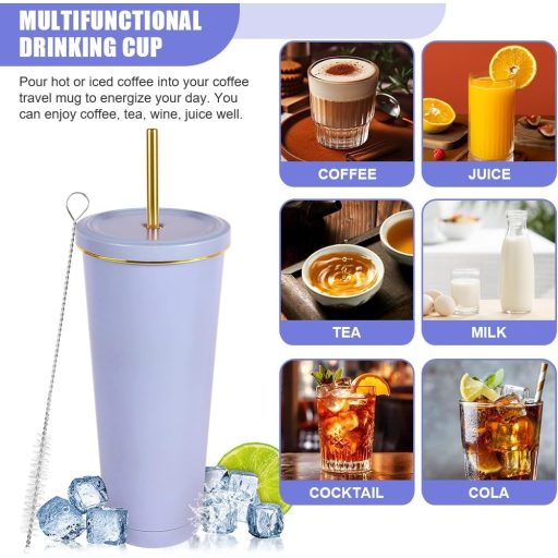 flintronic Hőszigetelt Termobögre 750ml - Dupla Falú Rozsdamentes Acél Kulacs Szívószállal, Szivárgásmentes Ivópohár Kávéhoz, Teához, Hideg-