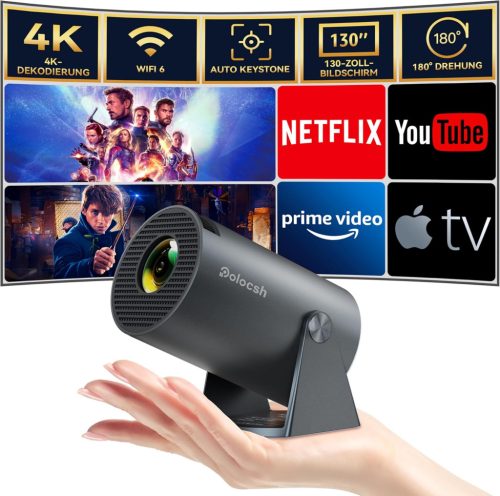 Polocsh HY300 Pro Mini Projektor WiFi6 és BT5.2 - Hordozható Android 11.0 Házimozi 180° Forgatható, Automatikus Keystone, 130" Képernyő, 720