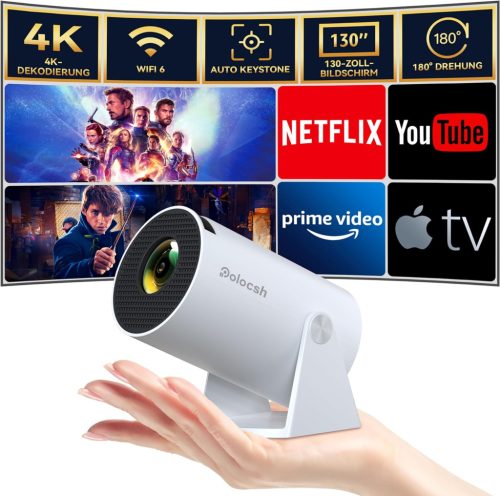 Polocsh Mini Projektor WiFi 6 és BT 5.2 - 720P Full HD, Automata Keystone Korrekció, 180° Forgatható, 130" Képméret, Android 11.0 - Telefon/
