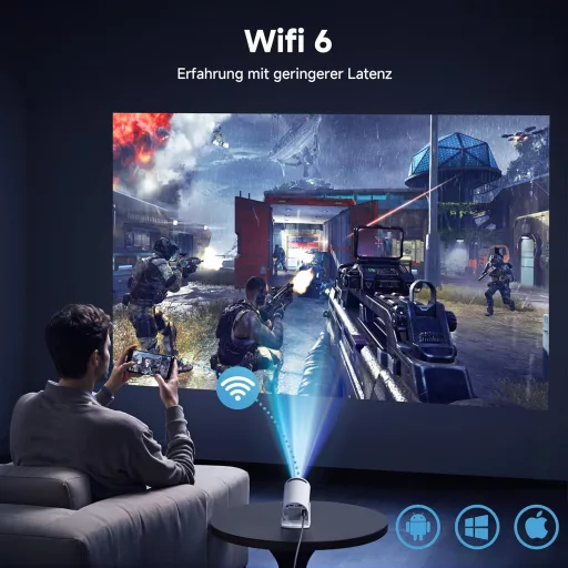 Polocsh Mini Projektor WiFi 6 és BT 5.2 - 720P Full HD, Automata Keystone Korrekció, 180° Forgatható, 130" Képméret, Android 11.0 - Telefon/