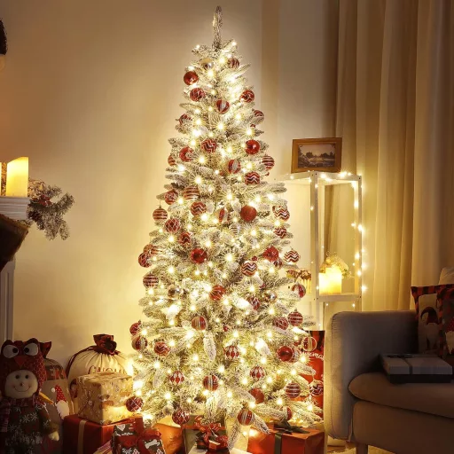 Brad Artificial Subțire Yorbay cu 300 LED-uri - 210 cm, Alb Înzăpezit, Pom de Crăciun cu 10 Moduri de Iluminare, Material PVC Prietenos cu Copiii, Asamblare Simplă