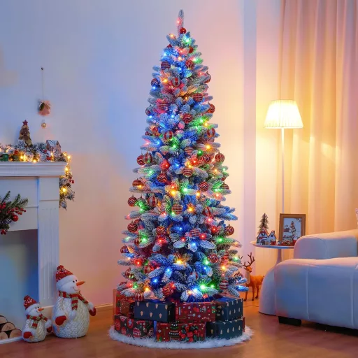 Brad Artificial Subțire Yorbay cu 300 LED-uri - 210 cm, Alb Înzăpezit, Pom de Crăciun cu 10 Moduri de Iluminare, Material PVC Prietenos cu Copiii, Asamblare Simplă