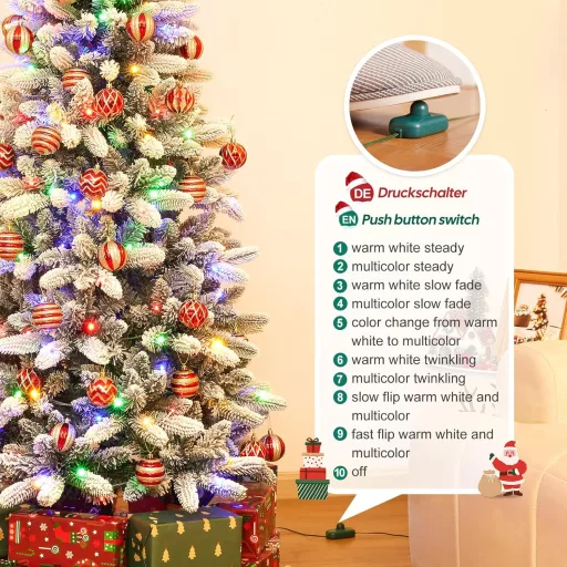 Brad Artificial Subțire Yorbay cu 300 LED-uri - 210 cm, Alb Înzăpezit, Pom de Crăciun cu 10 Moduri de Iluminare, Material PVC Prietenos cu Copiii, Asamblare Simplă