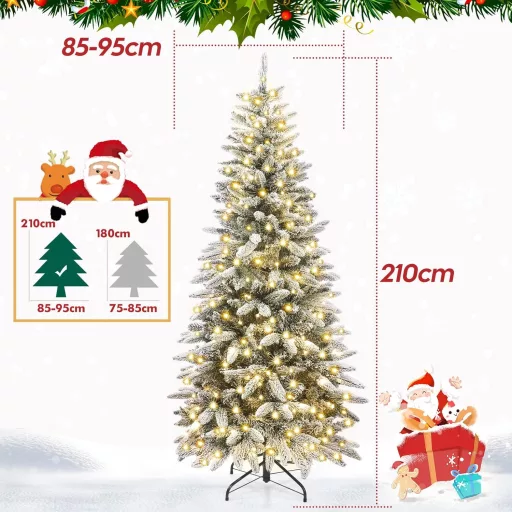 Brad Artificial Subțire Yorbay cu 300 LED-uri - 210 cm, Alb Înzăpezit, Pom de Crăciun cu 10 Moduri de Iluminare, Material PVC Prietenos cu Copiii, Asamblare Simplă