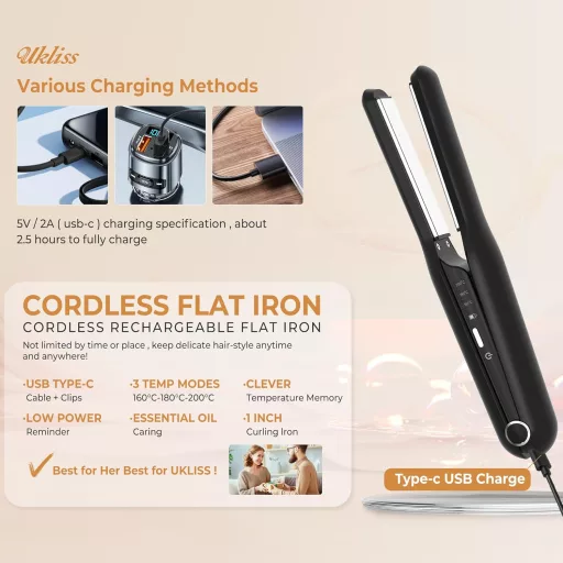 Mini placă de păr și ondulator fără fir 2 în 1 UKLISS - Baterie 4000 mAh, 3 trepte de căldură, plăci ceramice, pentru călătorii