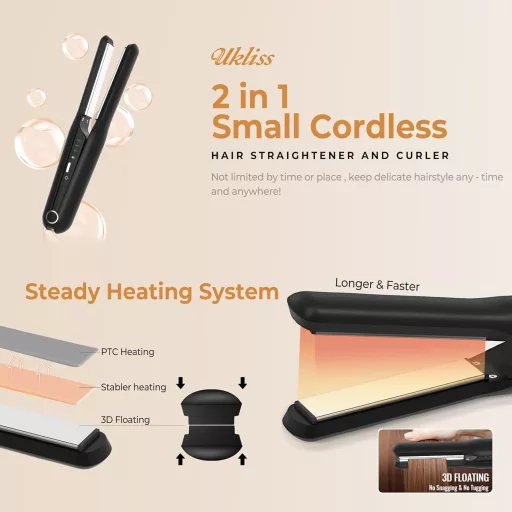 Mini placă de păr și ondulator fără fir 2 în 1 UKLISS - Baterie 4000 mAh, 3 trepte de căldură, plăci ceramice, pentru călătorii