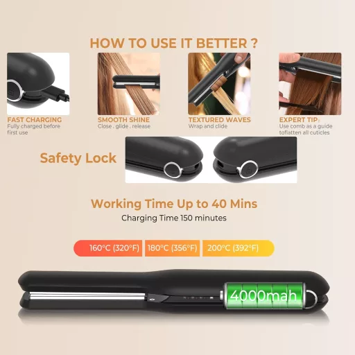 Mini placă de păr și ondulator fără fir 2 în 1 UKLISS - Baterie 4000 mAh, 3 trepte de căldură, plăci ceramice, pentru călătorii