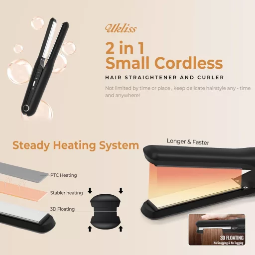 Mini placă de păr și ondulator fără fir 2 în 1 UKLISS - Baterie 4000 mAh, 3 trepte de căldură, plăci ceramice, pentru călătorii