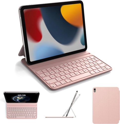 HOU Slim Bluetooth klávesnicový obal pre iPad 10. a 11. generácie - Ochranné puzdro zo syntetickej kože s QWERTZ rozložením, Ergonomický nastaviteľný stojan, Ružová