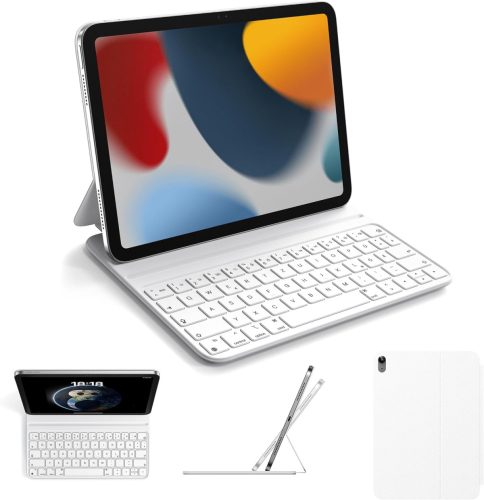 HOU Slim Bluetooth Billentyűzetes Tok iPad 11. és 10. Generációhoz - Fehér QWERTZ Műbőr Védőtok Ergonomikus Szöggel, Mágneses Rögzítéssel