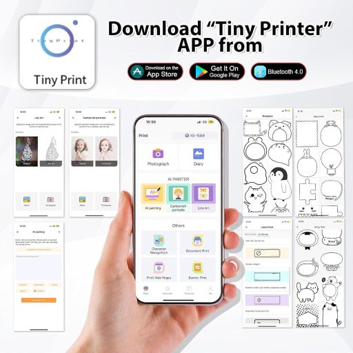HUIJUTCHEN Mini Fotónyomtató Bluetooth Hordozható Termikus Nyomtató Fehér 10 Papírtekercs