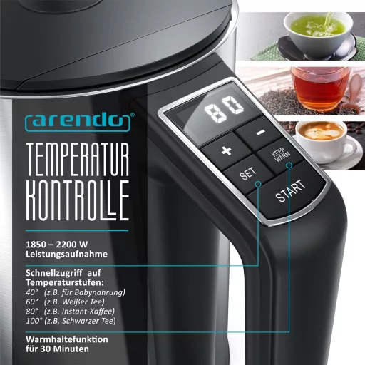 Arendo Elektromos Vízforraló Hőmérsékletes 1,5L Dupla Falú Ezüst