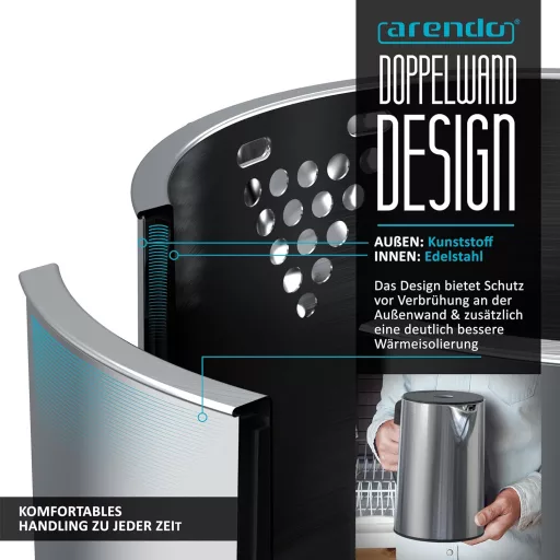 Arendo Elektromos Vízforraló Hőmérsékletes 1,5L Dupla Falú Ezüst