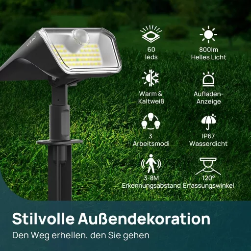 Lampă solară de exterior Linkind cu senzor de mișcare, 60 LED-uri, lumină albă caldă/rece, 800lm, IP67