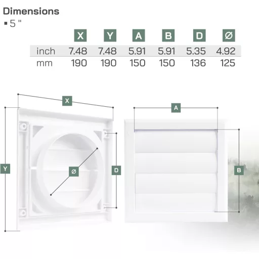 Vent Systems 125mm Fehér Szellőző Fedél - Szárítógép Kivezető Fedél Szellőzőnyílásokkal - Elszívó Sapka - Egyoldalas Műanyag Légbevezető Rác