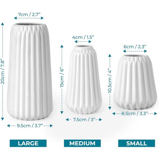 Winter Shore Fehér Kerámia Váza Szett (3 db) - Modern Bordázott Virágvázák Különböző Méretekben - Asztali Dekoráció Vidéki Stílusban