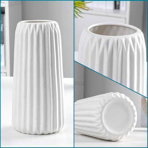 Winter Shore Fehér Kerámia Váza Szett (3 db) - Modern Bordázott Virágvázák Különböző Méretekben - Asztali Dekoráció Vidéki Stílusban