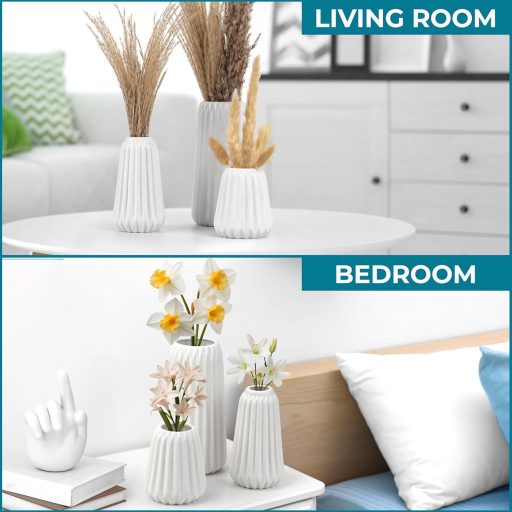 Winter Shore Fehér Kerámia Váza Szett (3 db) - Modern Bordázott Virágvázák Különböző Méretekben - Asztali Dekoráció Vidéki Stílusban